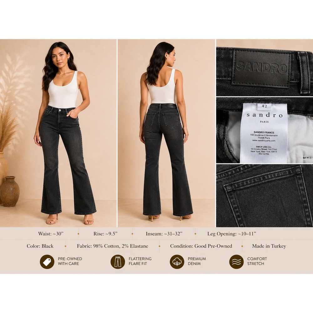 Sandro Paris Black Flare Jeans High Rise‎ Comfort Stretch Denim FR 42 US 30